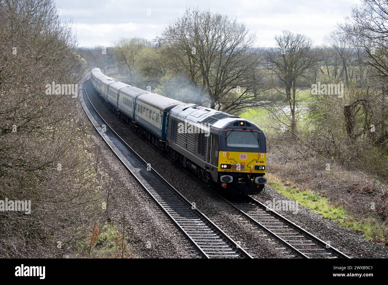 Pathfinder 'The Easter Chieftain' rail tour pulled by Class 67 No. 67005 'Queen`s Messenger' at Hatton Bank, Warwickshire, UK Stock Photo